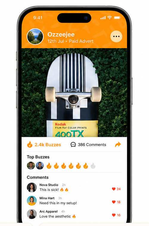 Ozzeejee paid advert showing a skateboard deck product post with buzzes and comments.