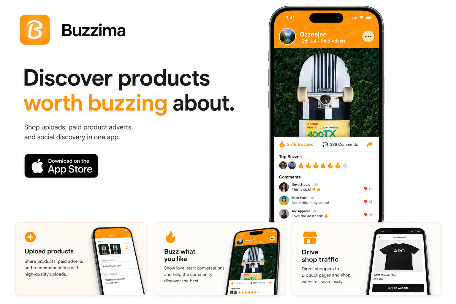 Buzzima landing page showing the app icon, App Store download button, and an Ozzeejee paid advert preview with 2.4k Buzzes and 386 Comments.